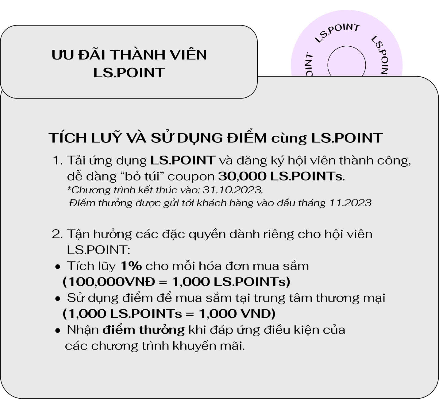 ƯU ĐÃI THÀNH VIÊN
                            LS.POINT
                            TÍCH LUỸ VÀ SỬ DỤNG ĐIỂM cùng LS.POINT
                            Tải ứng dụng LS.POINT và đăng ký hội viên thành công, dễ dàng “bỏ túi” coupon 30,000 LS.POINTs.
                            *Chương trình kết thúc vào: 31.10.2023.
                            Điểm thưởng được gửi tới khách hàng vào đầu tháng 11.2023 
                            Tận hưởng các đặc quyền dành riêng cho hội viên LS.POINT:
                            Tích lũy 1% cho mỗi hóa đơn mua sắm
                            (100,000VNĐ = 1,000 LS.POINTs)
                            Sử dụng điểm để mua sắm tại trung tâm thương mại
                            (1,000 LS.POINTs = 1,000 VND)
                            Nhận điểm thưởng khi đáp ứng điều kiện của
                            các chương trình khuyến mãi.